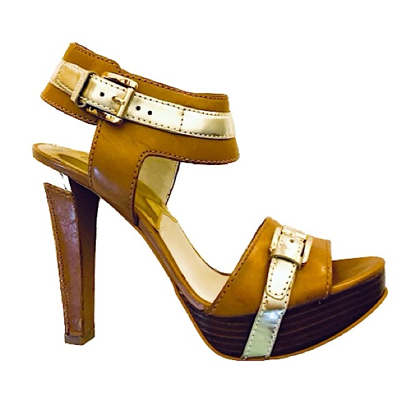 Michael Kors Brown & Gold Leather Peep Toe Ankle Strap Sandals, Women’s Size 5M. - Picture 5 of 13